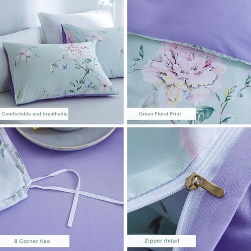 Image of BOLINLIVING Floral Duvet Cover Queen Size 3 Pieces, Flower Duvet Cover with 2 Pillow Shams, Soft Floral Bedding Set Sage Green and Purple for All Season, Breathable, Zipper Closure