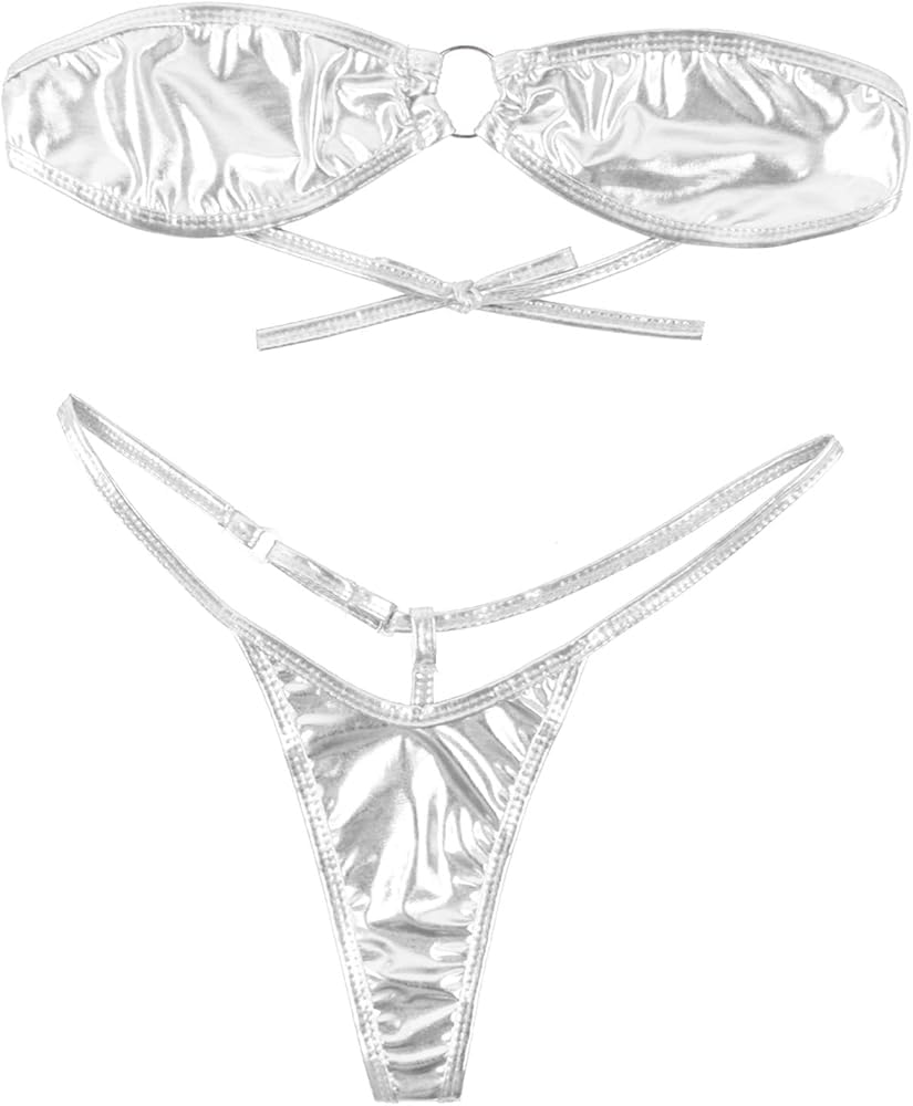 dahr Women O-Ring Metallic Bikini Set, Bandeau Top with G-String Bottom,Tie-Back Design Faux Leather Two-Piece Swimwear Bra Panty Set-picture-48