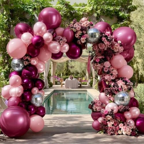 Image of Purple Pink Balloon Arch Double Stuffed Burgungy Pink Pearl Balloons Plum Silver Disco Balloon Garland for Birthday Prom Bridal Shower Mother's Day Wedding Music Theme Party Decoration