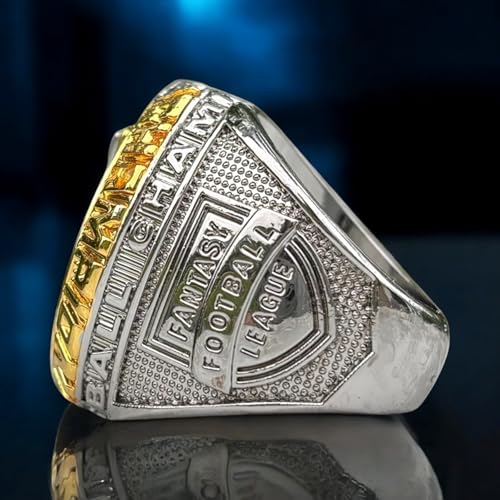 Legacy Rings 2024 Fantasy Football Championship Trophy Ring Gold Silver Tone, Award for Fantasy Football League Winner Light Blue Stones Size 104