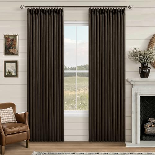 TWODRAPES Chocolate Brown Pleated Linen Blackout Curtains 86 Inches Long