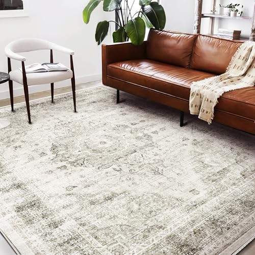 Washable Area Rug 10'x14' Floral Khaki Boho Design Non-Shedding Easy Care Ideal for High Traffic Areas in Living Room Bedroom Office Coffee Table Kitchen Large Carpet