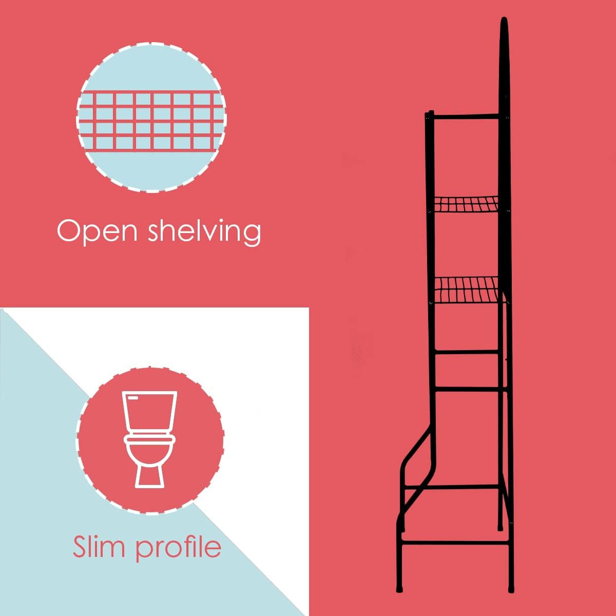Graphic illustrating open shelving and slim profile Mawonekedwe