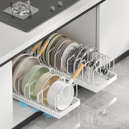 Pull-Out Pots and Pans Organizer, 2 Pack Under Cabinet Pot Lid Holder, Slide Lid Organizers Inside Cabinet, Pot Lid Organizer for Kitchen, Bakeware, Dishes, 10 Adjustable Dividers - White