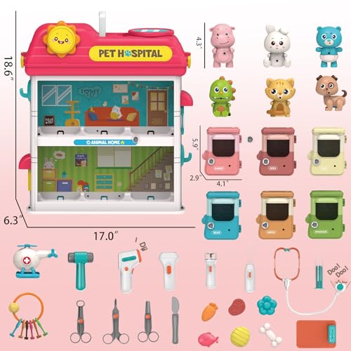 Hitish Pet Vet Toys Doctor Kit for Kids, Hospital Pretend Play Set Vet Clinic Toys with Light and Sound, Pet Care Playset Animal Grooming Toys Gifts for Girls Boys, Ages 3 and Up