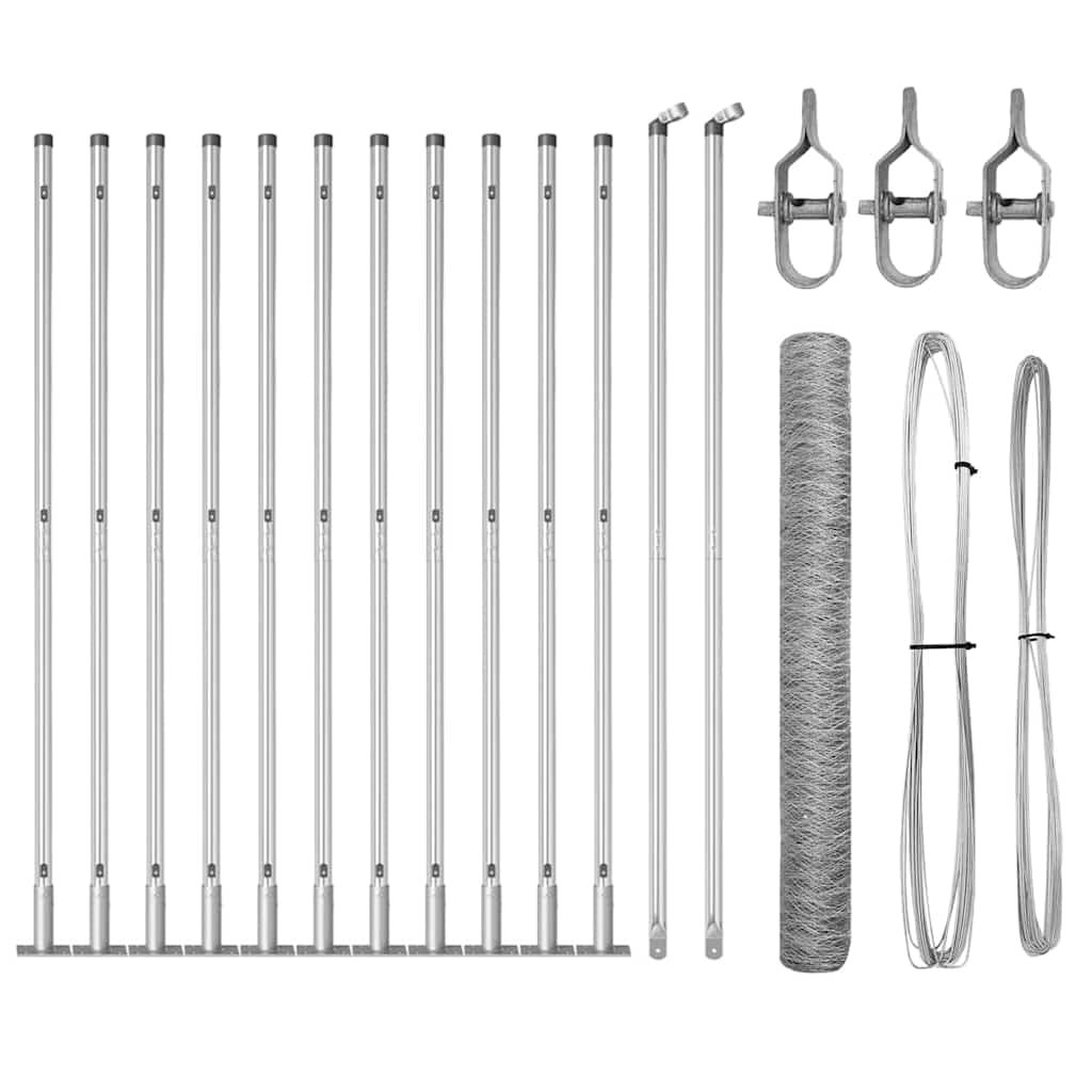 Steel Fence Post Set Silver 25 x 0.8 m 36 mm Mesh Outdoor Garden Security Barrier Corrosion Resistant Weatherproof Heavy Duty Fencing Pack with Concrete Posts