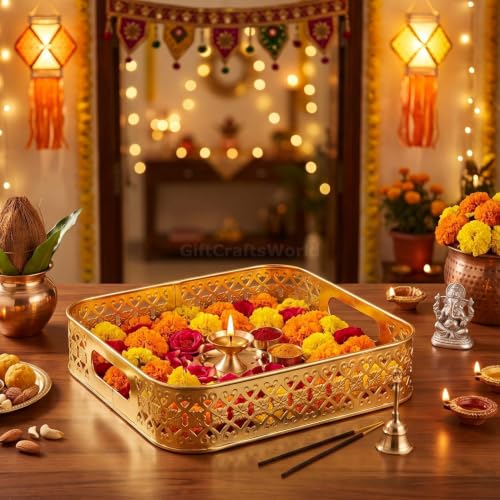 Image of Multipurpose Metal Basket For Gift Hamper, Pooja Temple Storage With Sturdy Handle, Decorative Flower Organizer & Versatile Puja Utility Accessories Home Decoration (Square Tray)