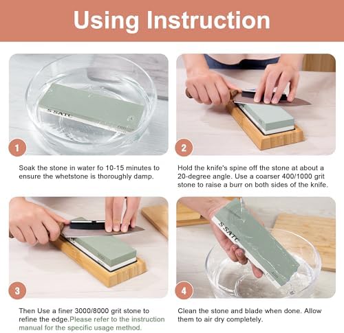 S SATC Whetstone Knife Sharpener, Grit 400/1000/3000/8000 Knife Sharpening Stone Kit, Wet Stone with Non-Slip Wood Base, Flattening Stone, Angle Guide and Leather Strop