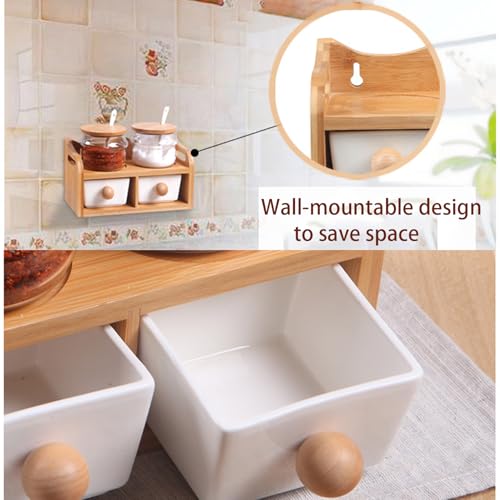 Juego de estante de especias montado en la pared, organizador de especias de madera de 2 niveles con cajón y cuchara, soporte para condimentos de cocina para un fácil acceso y almacenamiento ordenado