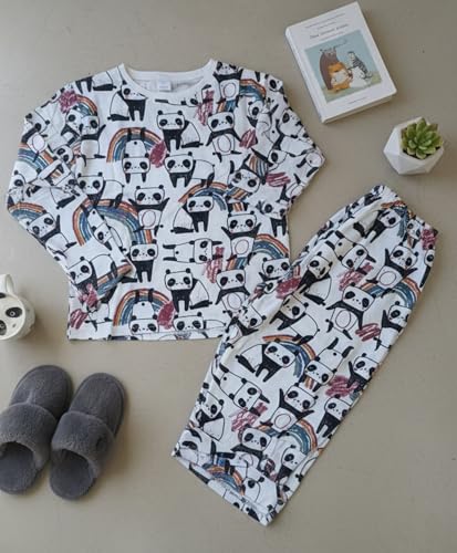 Image of Anthrilo Pajama T-Shirt Set for Girls | Kids Night Suit for Girls | Nightwear | 100% Cotton Pyjama Set Panda Print White | Long Sleeve T-Shirt and Pajama | 3-4 Years