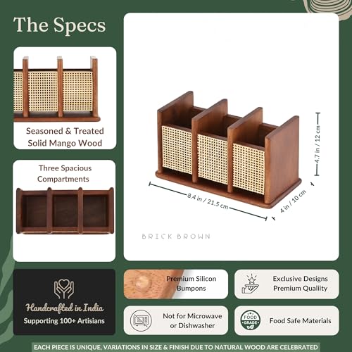 Image of Brick Brown Premium Wooden Nora Cutlery Holder Spoon Stand for Kitchen | Cutlery holder for Dining table | Wooden Caddy Storage Organiser Stand with 3 Section Caddy Holder (8.4x4x4.7 inch)