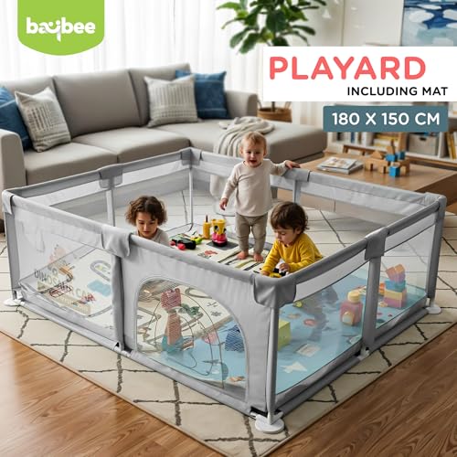 Image of Baybee Kids Playpen for Babies | Baby Play Area Indoor Setup with Zipper Door & Toys Pouch (Light Grey)