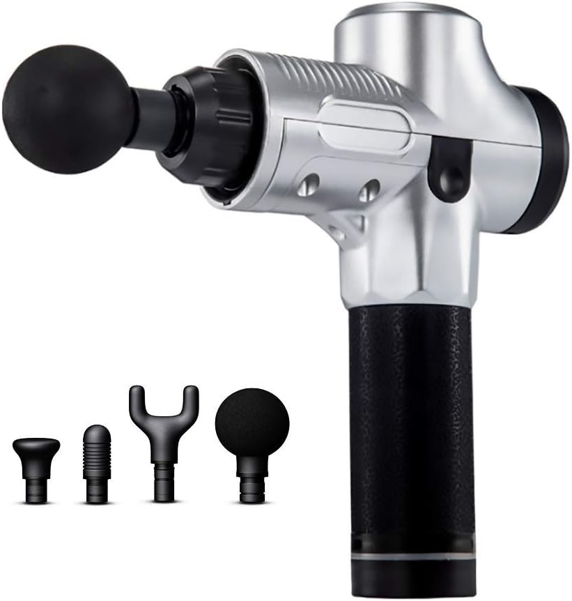 Fascia Gun Deep Muscle Massage Gun - 4 Replaceable Heads 6 Speed Levels and LCD Muscle Stimulation Pain Relief Percussion Therapy Portable Large Capacity Power Noise Reduction,Silver