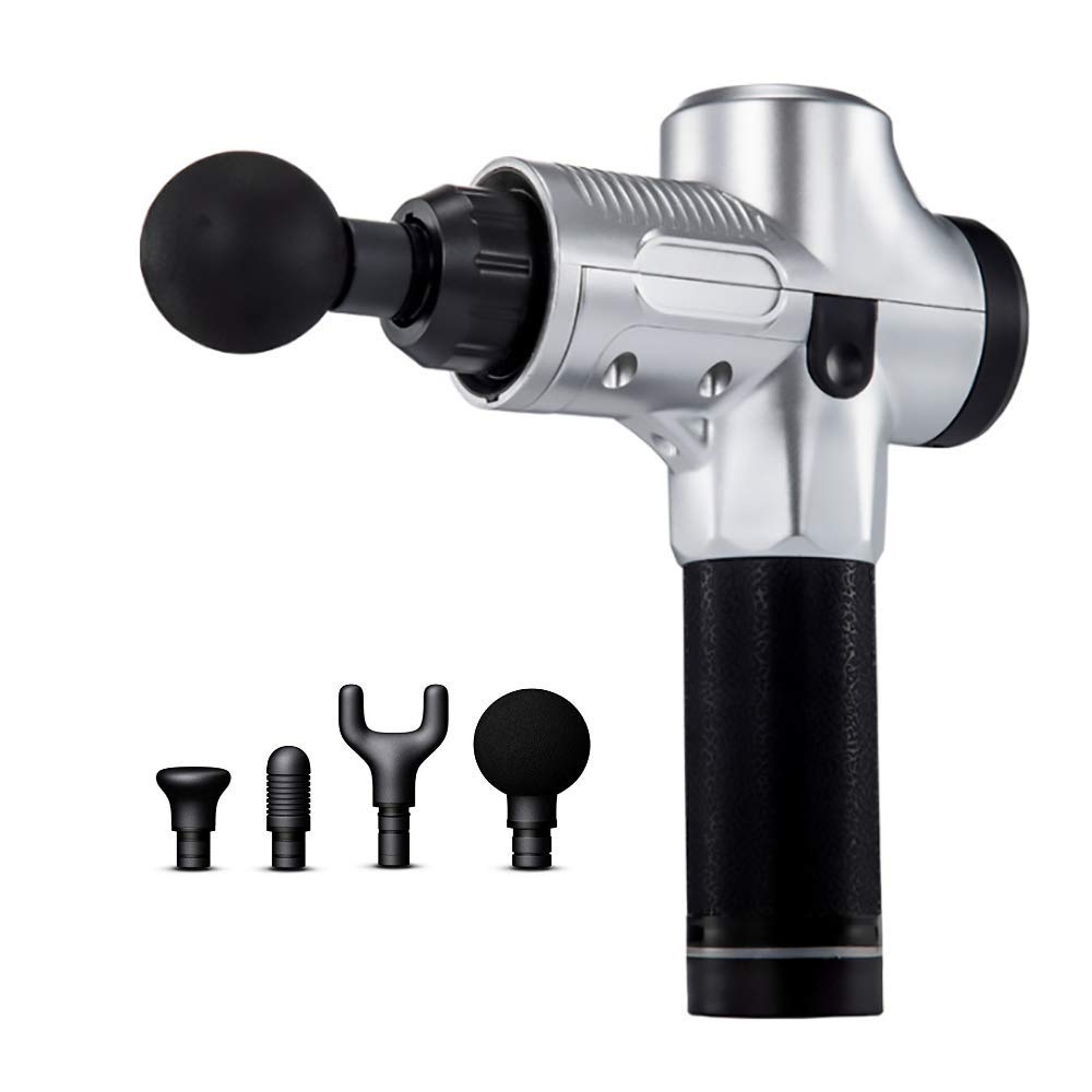 Fascia Gun Deep Muscle Massage Gun - 4 Replaceable Heads 6 Speed Levels and LCD Muscle Stimulation Pain Relief Percussion Therapy Portable Large Capacity Power Noise Reduction,Silver