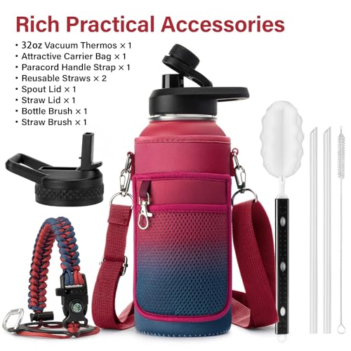 Insulated Water Bottle | Thickened Stainless Steel Vacuum Metal | Portable Sports Water Jug for Gym and Hiking with Straw, Carrier Bag, Handle Strap | BPA-Free 32 oz