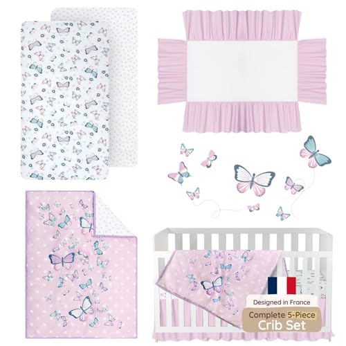 Image of Butterfly Baby Crib Bedding Set Girl 28 inchx52 inch, 8 inch Deep Pocket - 5 pcs Baby Bedding Set with Blanket, 2 Crib Sets for Girls Cotton Fitted Sheets, Skirt, and Butterfly Wall Sticker - White & Pink