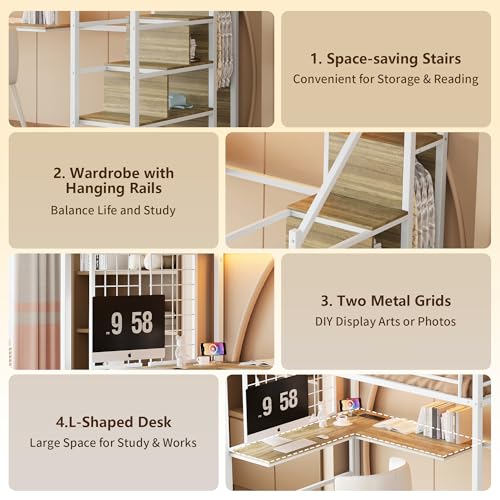 Image of Twin Size Metal Loft Bed with Reversible Stairs & L-Shaped Desk,White | Storage Stairs,Wardrobe,L-Shaped Desk,USB Charging Station,Space-Saving for boys & Girls, Noise-Free, No Box Spring Needed
