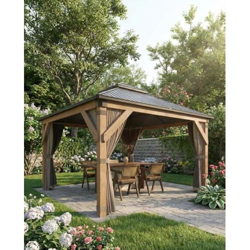 10x10Ft Wooden Hardtop Gazebo, Double Metal Roof, Permanent Pavilion with Curtains & Netting, Heavy Duty Gazebo with 4.7'' Reinforced Poles, Spruce Wo