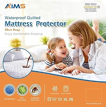 30cm Deep 100% Waterproof & Moisture Quilted Mattress Protector Fitted Cover Microfiber Quilted Topper fitted sheet, Anti Allergy and Breathable Elasticated Skirts (4FT)
