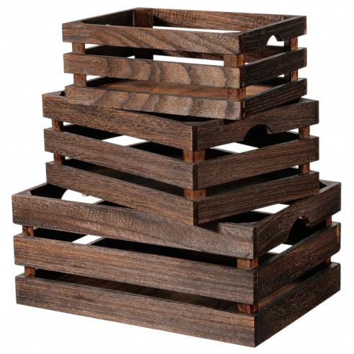 3 Pack Nesting Wooden Crates for Display Decorative Boxes, Decorative Farmhouse Rustic Wood Basket with Handles, Vintage Wood Box Display Risers for Home, Kitchen Pantry Cabinet, Shelf, Counter