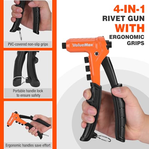 Image of ValueMax 4-in-1 Rivet Gun, Heavy Duty Pop Rivet Gun Kit with 200 Rivets - 3 /32 inch, 1 /8 inch, 5 /32 inch, 3 /16 inch, 4 Interchangeable Nosepieces, Drill Bits, Rivet Tool for Metal, Plastic, Leather
