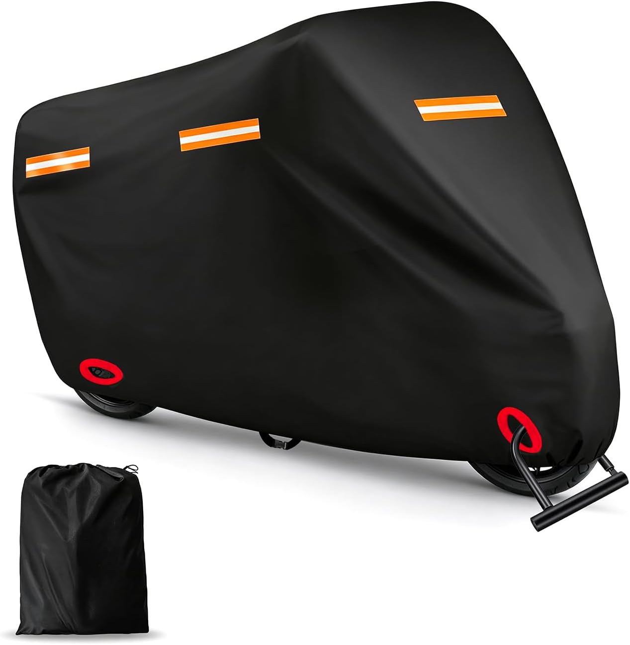 Motorcycle Cover Waterproof PE Aluminum Film Soft Cotton Lining, All-Season Outdoor Protection with Anti-Theft Lock Holes, Windproof Buckle, 5 Reflective Strips, Fits Motorcycles up to 97.5"