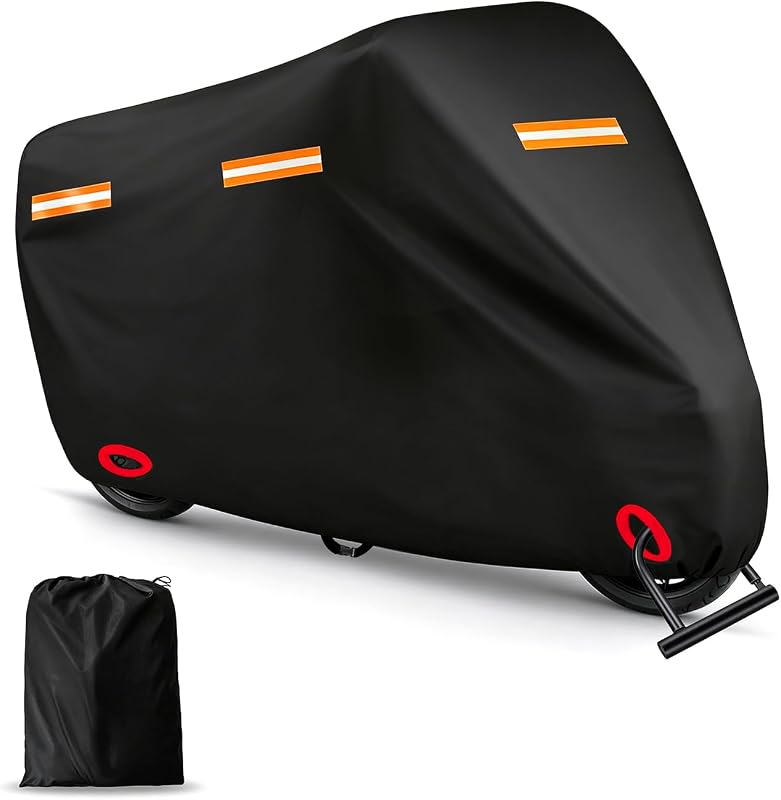 Motorcycle Cover Waterproof PE Aluminum Film Soft Cotton Lining, All-Season Outdoor Protection with Anti-Theft Lock Holes, Windproof Buckle, 5 Reflective Strips, Fits Motorcycles up to 97.5"