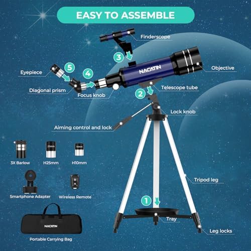 Telescope for Adults & Kids - NACATIN 70mm Aperture (16X-120X) Portable Refractor Telescopes for Astronomy Beginners, 400mm Professional Travel Telescope with A Smartphone Adapter& A Wireless Remote 5 51LP z8n aL. AC