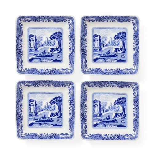 Spode Blue Italian Square Dishes | Set of 4 Small Serving Dishes for Dips Sauces and Condiments | 3 Inch Bowls made of Fine Porcelain | Microwave and Dishwasher Safe