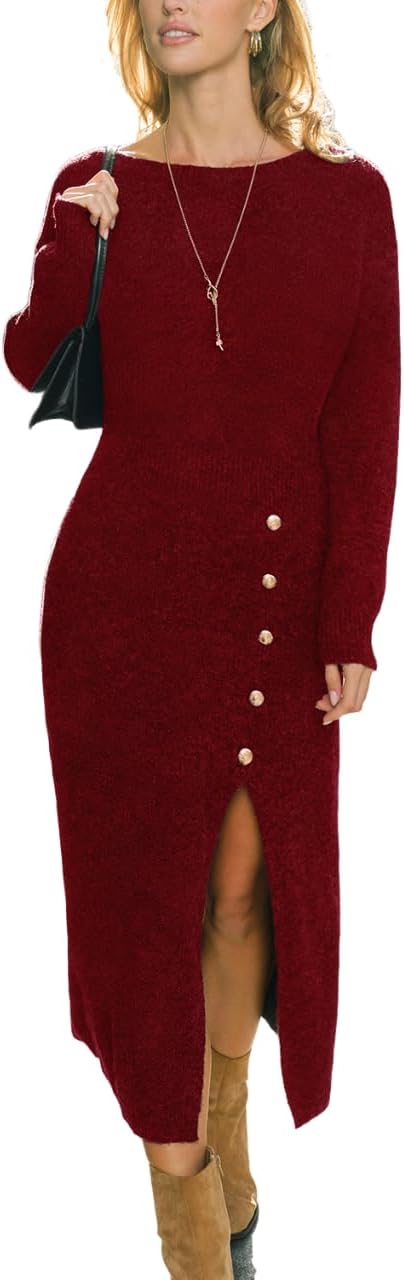 CUPSHE Women's Winter Dresses Pencil Bodyon Long Sleeve Crew Neck Button Front Slit Casual Knitted Midi Dress