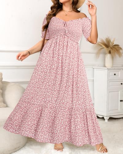Plus Size Sun Dresses Women - Summer Off The Shoulder Puff Sleeve A Line Boho Maxi Flow Long Dress 20253