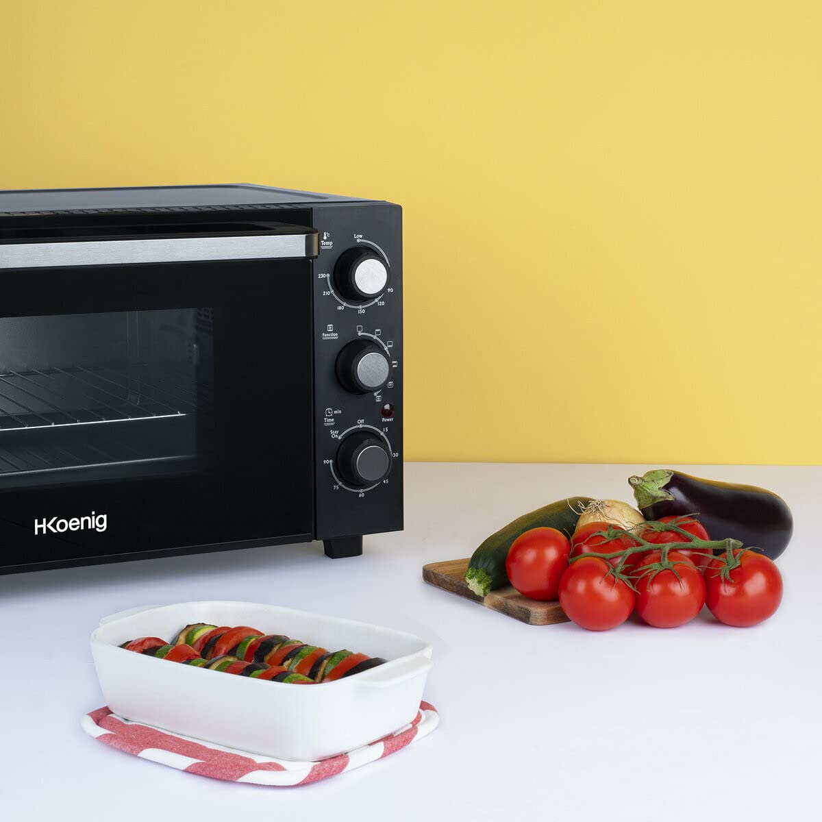 H.Koenig - forno elettrico FO30 da 30 l, multifunzione, potente, 1500 W, 6 modalità di cottura, 230°, timer in 60 min, porta vetro doppio vetro, piano cottura antiaderente