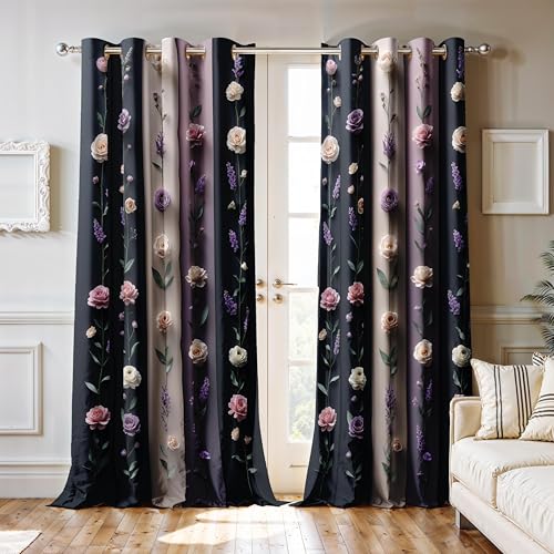 Image of Ultimate Trends Room Darkening Digital Printed 3D Prints Curtain 65-70% Opacity,Diamond Eyelets, Tie Back, Floral Decorated, 7 FEET Pack of 2,Blue Purple