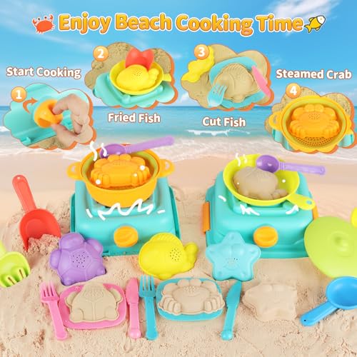 Yrkidstoi Beach Toys for Toddlers, Seaside Sand Cooking Play Set, Kids Sandpit Toy with Sand Molds and Spade, Mesh Bag, Baby Boys Girls Outdoor Toys Travel Beach Essentials