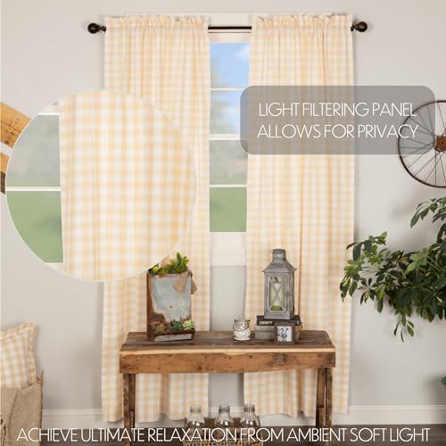 VHC Brands Farmhouse Tan Antique White Buffalo Check Cotton Annie Curtains Rod Pocket Tie Back(s) Panel Pair - Thumbnail 3
