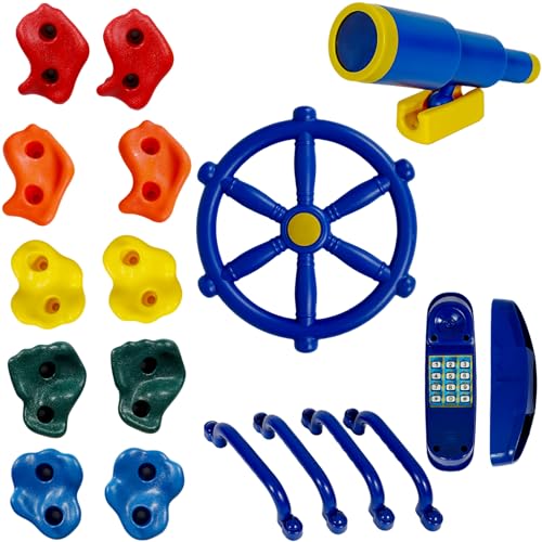 RedSwing Playground Accessoriesï¼ŒBackyard Swing Set Pirate Plastic Playground Equipment Set with Ship Wheel, Telescope, Telephoneï¼ŒRock Climbing Holds and Safety Handles for Outdoor Playhouse Treehouse