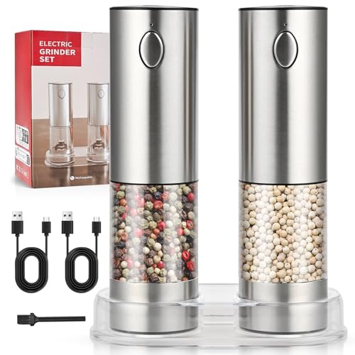 Herboom 2Stück Elektrische Salz und Pfeffermühle Set, USB Aufladbar, Rostfreier Stahl, Mahlen Einstellbare Grobheit mit Sockel, mit LED-Licht mit Reinigungsbürste für BBQ Restaurant Küche