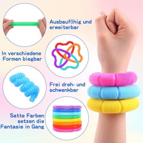 JOLCEEY 16 Stück Pop Röhren Kinder, 8 Farben Mini Röhren Sensorisches Spielzeug Bunte Rohre Stretch für Erwachsene und Kinder Stress Ängste abbauen