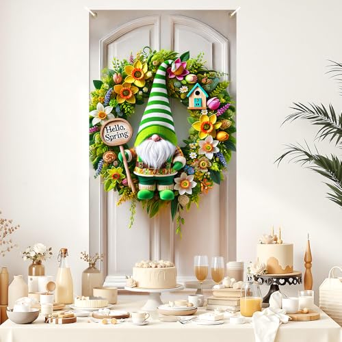 Image of Hello Spring Gnome Door Cover 35x71in Green Daffodil