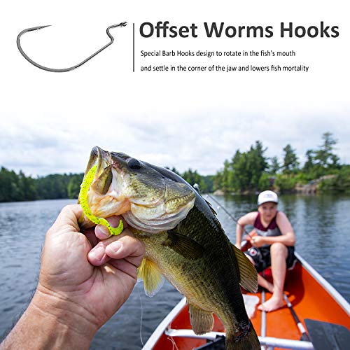 image for PLUSINNO 100Pcs Fishing Hooks, High Carbon Steel Offset Worm Hooks wit