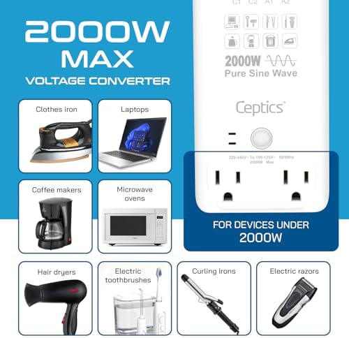 Ceptics 전압 컨버터 미국에서 유럽으로, 2000W 순수 사인파 220V ~ 110V, 헤어 드라이어, 스트레이트너 및 컬링 아이언에 적합, AC 콘센트 2개와 USB 포트 4개가 있는 6 in 1 (PD 45W) — 사진 3
