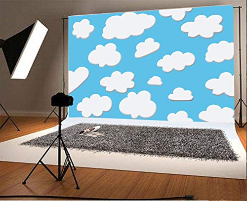 image for Laeacco 7x5ft Cartoon Blue Sky White Clouds Backdrop Kids Birthday The