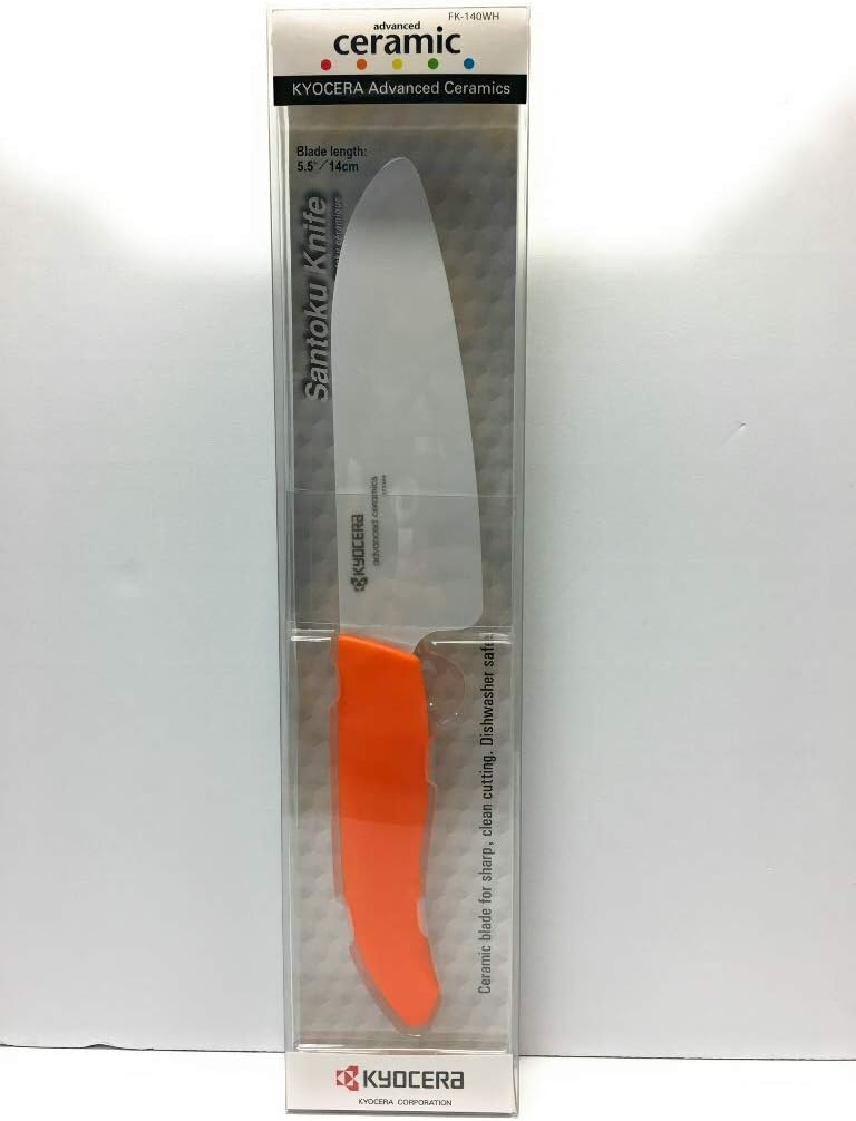Kyocera’s Revolution Series 5.5” Ceramic Santoku Knife, Chef Knife For Your Cooking Needs, Orange Handle, White Blade