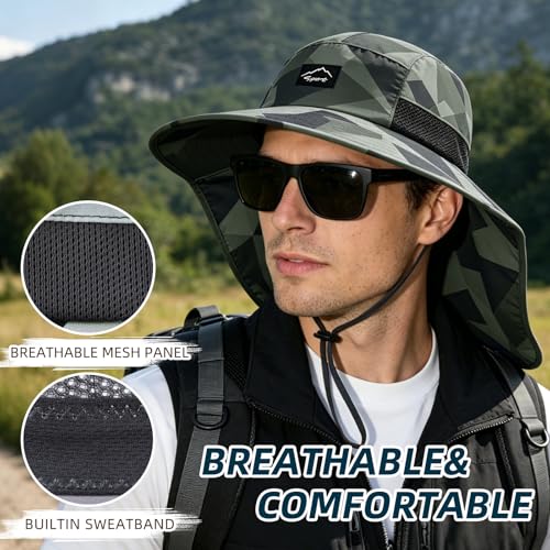 Image of Rosoz Outdoor Sun Hat for Men Women, UPF50+ Protection Safari Cap Wide Brim Mesh Fishing Hat with Neck Flap Beach Garden