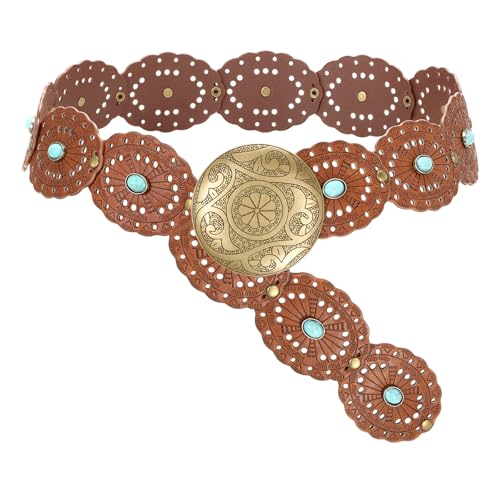 SUOSDEY Wide Brown Western Disc Belt with Turquoise for Woman Cowgirl Cowboy Boho Country Leather Waist Belts for Jeans Dress, Width 2.36" by SUOSDEY - Used condition - US$23.73