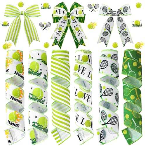 Juexica 6 Rolls 30 Yards Tennis Wired Edge Ribbon Sports Ball Burlap Green White Stripes Ribbons Party Decorative for Bow Sewing Wreath Sport Events DIY Crafts Gift Wrapping Home Decor