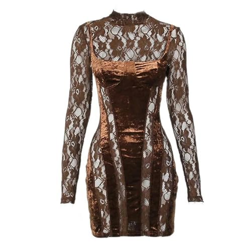 Langärmliges Spitzenkleid für Damen, Rundhalsausschnitt, Gürtelrock,...