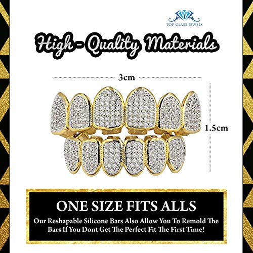 24K Plated Joker Gold Grillz for Mouth Top Bottom Hip Hop Teeth Grills for Teeth Mouth + 2 Extra Molding Bars, Storage Case + Microfiber Cloth (Gold Micropave 6 Tooth)