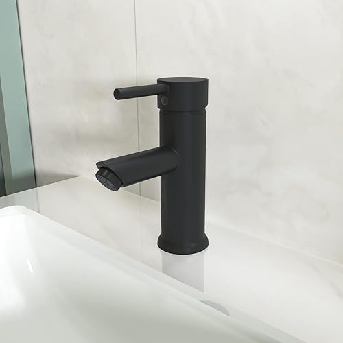 Vista 2 de Grifo de lavabo de baño negro mate, grifo de baño de un solo agujero, grifo mezclador de lavabo con manguera de 3/8 pulgadas