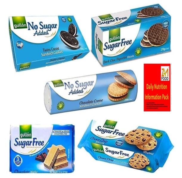 Gullon Sugar Free Biscuits Chocolate Mixed Variety Selection Diabectic friendly Pack (5 Pack) chocolate chip, cocoa sandwich, dark digestive, chocolate wafer by zamfoods